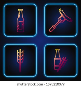 Set line Beer bottle, Cereals set with rice, wheat, corn, oats, rye, barley, Beer bottle and Sausage on the fork. Gradient color icons. Vector