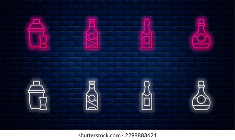 Set line Beer bottle, Champagne, Cocktail shaker and Bottle of cognac or brandy. Glowing neon icon on brick wall. Vector