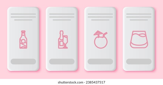Set line Beer bottle, Champagne and glass, Coconut cocktail and Glass of whiskey. White rectangle button. Vector