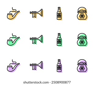 Set line Botella de cerveza con trébol, pipa de fumar, trompeta y olla de icono de monedas de oro. Vector