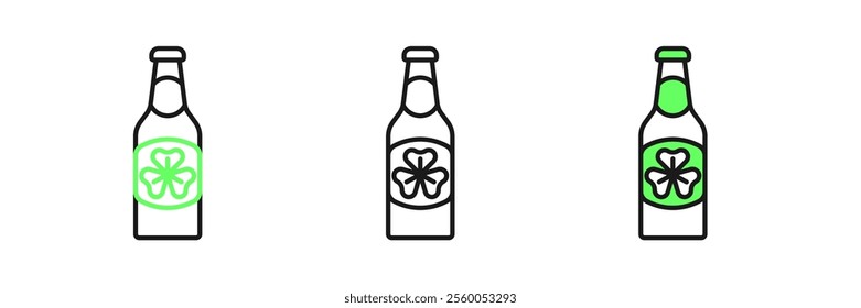 Set line Beer bottle with clover trefoil leaf icon isolated on white background. Happy Saint Patricks day. National Irish holiday.  Vector