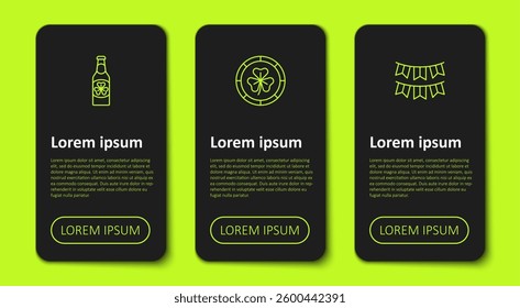 Set line Beer bottle with clover, Golden leprechaun coin and Carnival garland flags. Business infographic template. Vector
