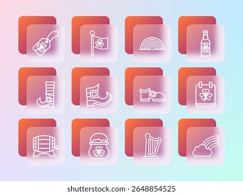 Set line Beer bottle with clover, Pot of gold coins, Leprechaun boot, Harp, Rainbow, Clover trefoil leaf tag and Ireland flag icon. Vector
