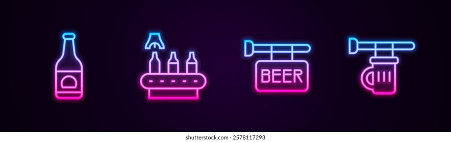 Set line Beer bottle, Conveyor band, beer, Street signboard with and Signboard glass of. Glowing neon icon. Vector