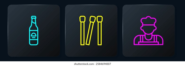 Set line Beer bottle, Cook and Matches. Black square button. Vector