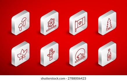 Set line Beer bottle, Ferris wheel, Flag of Canada, Canadian spruce, Montreal Biosphere, Mushroom, totem pole and maple leaf icon. Vector