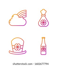 Set line Beer bottle with four leaf clover, Leprechaun hat and four leaf clover, Rainbow with cloud and Money bag with four leaf clover. Gradient color icons. Vector