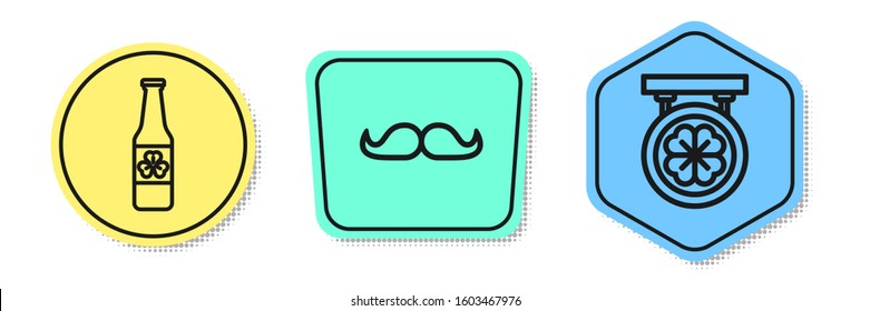Set line Beer bottle with four leaf clover, Mustache and Street signboard with four leaf clover. Colored shapes. Vector