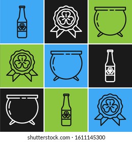 Set line Beer bottle with four leaf clover, Witch cauldron and Medal with four leaf clover icon. Vector
