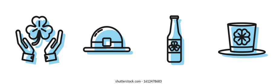 Set line Beer bottle with four leaf clover, Human hands holding four leaf clover, Leprechaun hat and Leprechaun hat and four leaf clover icon. Vector