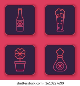 Set line Beer bottle with four leaf clover, Four leaf clover in pot, Glass of beer and Money bag with four leaf clover. Blue square button. Vector