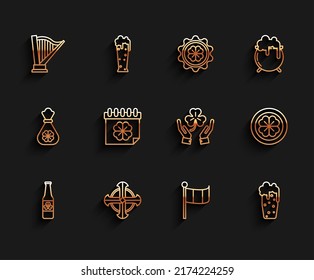Set line Beer bottle with four leaf clover, Celtic cross, Harp, National Ireland flag, Glass of beer, Saint Patricks day calendar, Gold coin and Human hands holding icon. Vector
