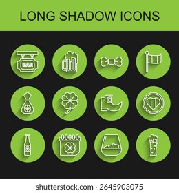 Set line Beer bottle with four leaf clover, Saint Patricks day calendar, Street signboard inscription Bar, Glass of whiskey, beer, Four, Heart and Happy and Tradition leprechaun boots icon. Vector