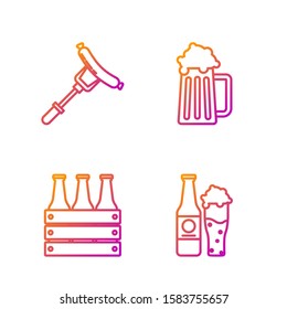 Set line Beer bottle and glass, Pack of beer bottles, Sausage on the fork and Wooden beer mug. Gradient color icons. Vector