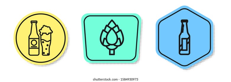 Set line Beer bottle and glass, Hop and Beer bottle. Colored shapes. Vector