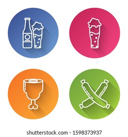 Set line Beer bottle and glass, Glass of beer, Chicken leg and Crossed sausage. Color circle button. Vector