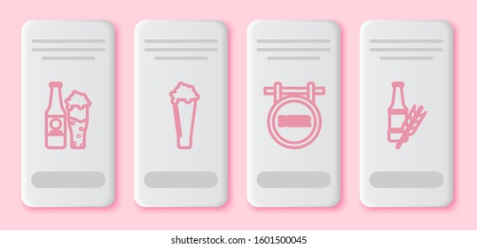 Set line Beer bottle and glass, Glass of beer, Street signboard with inscription Beer and Beer bottle. White rectangle button. Vector