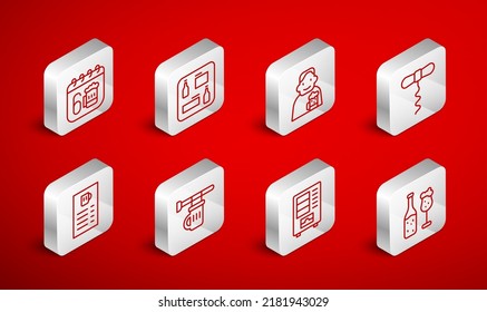 Set line Beer bottle and glass, menu, Happy man with beer, Wine corkscrew, Vending machine, Saint Patricks day calendar, Signboard of and  icon. Vector