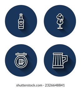 Set line Beer bottle, Glass of beer, Street signboard with and Wooden mug with long shadow. Blue circle button. Vector