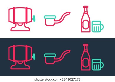 Set line Beer bottle and glass, Wooden barrel on rack and Smoking pipe icon. Vector