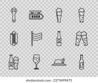 Set line Beer bottle and glass, Glass of beer, Bottle opener, National Germany flag, Oktoberfest hat and  icon. Vector