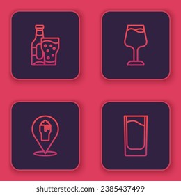 Set line Beer bottle and glass, Alcohol or beer bar location, Wine and Shot. Blue square button. Vector