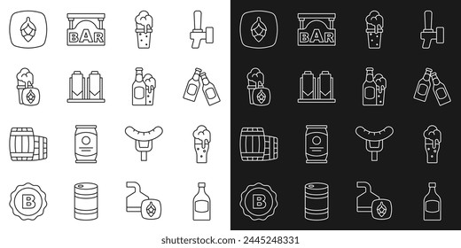 Set line Beer bottle, Glass of beer, brewing process, Hop and and glass icon. Vector