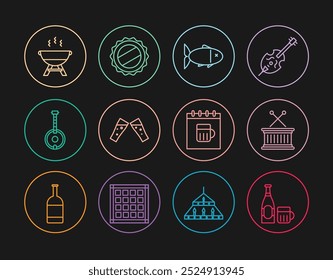 Set line Botella de cerveza y vidrio, palillos de tambor musical, pescado, vaso de cerveza, banjo, parrilla de barbacoa, calendario del día de San Patricio e icono de tapa de botella. Vector