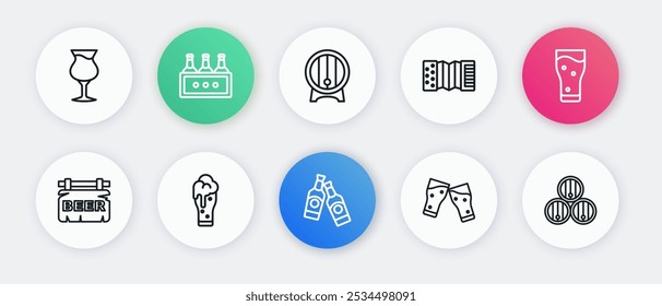 Set line Beer bottle, Glass of beer, Street signboard with, Accordion, Wooden barrel rack,  and  icon. Vector