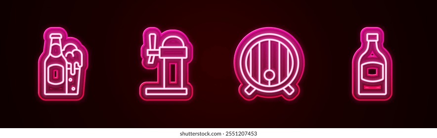 Set line Beer bottle and glass, Dispenser beer, Wooden barrel and . Glowing neon icon. Vector