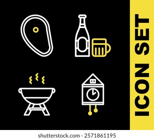 Set line Beer bottle and glass, Retro wall watch, Barbecue grill and Steak meat icon. Vector