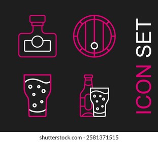 Set line Beer bottle and glass, Glass of beer, Wooden barrel and Alcohol drink Rum icon. Vector