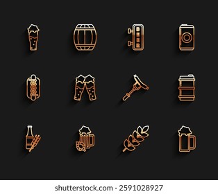 Set line Beer bottle, Glass of beer and hop, Cereals set with rice, wheat, corn, oats, rye, barley, Metal keg and Sausage on the fork icon. Vector