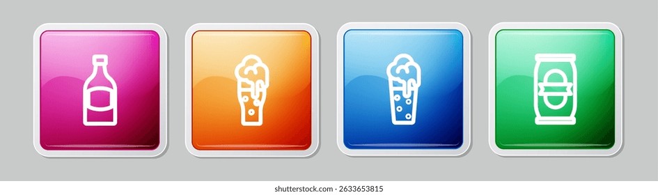 Set line Beer bottle, Glass of beer,  and can. Colorful square button. Vector