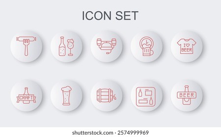 Set line Beer bottle, helmet, menu, Sausage on the fork, and glass, Glass of beer and Wooden barrel rack icon. Vector