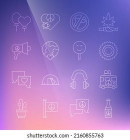 Set line Beer bottle, Hippie camper van, Sun, No war, The heart world - love, Megaphone, Balloons and Smile face icon. Vector