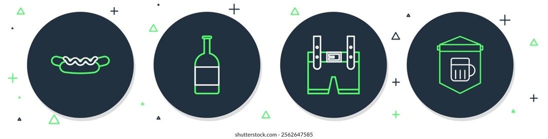 Set line Beer bottle, Lederhosen, Hotdog sandwich and Signboard with glass of beer icon. Vector