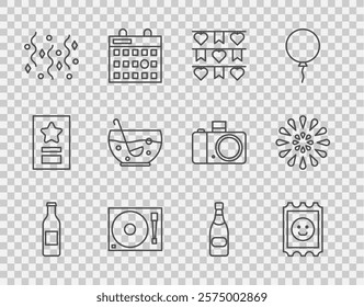 Set line Beer bottle, LSD acid mark, Carnival garland with flags, Vinyl player vinyl disk, Festive confetti, Mixed punch bowl, Champagne and Firework icon. Vector