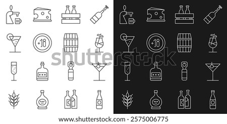 Set line Beer bottle, Martini glass, Cocktail, Pack of beer bottles, Alcohol 18 plus, tap with and Wooden barrel icon. Vector