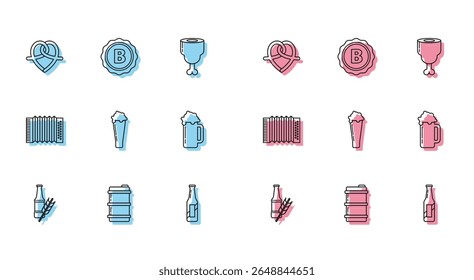 Set line Beer bottle, Metal beer keg, Pretzel, Glass of, Musical instrument accordion and Bottle cap with inscription icon. Vector