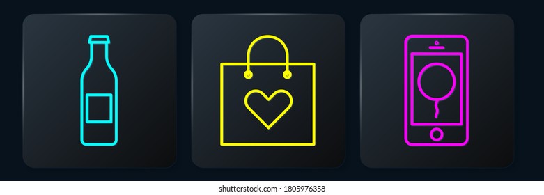 Set line Beer bottle, Mobile with birthday message and Shopping bag with heart. Black square button. Vector