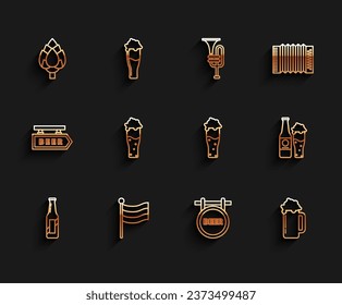 Set line Beer bottle, National Germany flag, Hop, Street signboard with inscription, Glass of beer, and glass and  icon. Vector