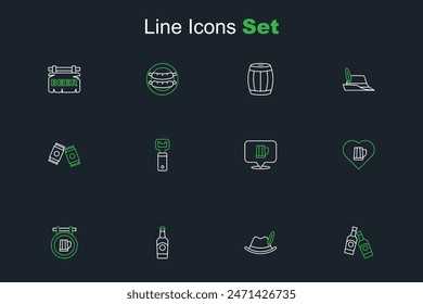 Set line Beer bottle, Oktoberfest hat, Street signboard with beer, Heart glass of, Wooden mug, Bottle opener and can icon. Vector