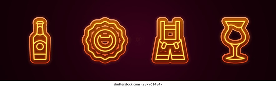 Set line Beer bottle, Bottle opener, Lederhosen and Glass of beer. Glowing neon icon. Vector