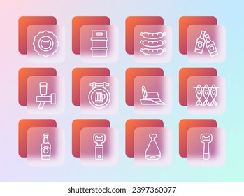 Set line Beer bottle, Bottle opener, Oktoberfest hat, Chicken leg, Street signboard with beer, Sausage,  and Metal keg icon. Vector