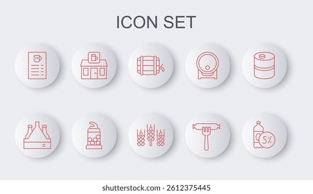 Set line Beer bottle, Pack of beer bottles, Wooden barrel on rack, Sausage the fork, menu, Store building shop, Bottle opener and Wheat icon. Vector