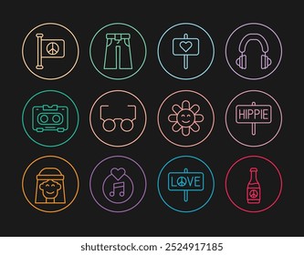 Set line Beer bottle, Peace, Glasses, Retro audio cassette tape, Flag peace, Flower and Jeans wide icon. Vector