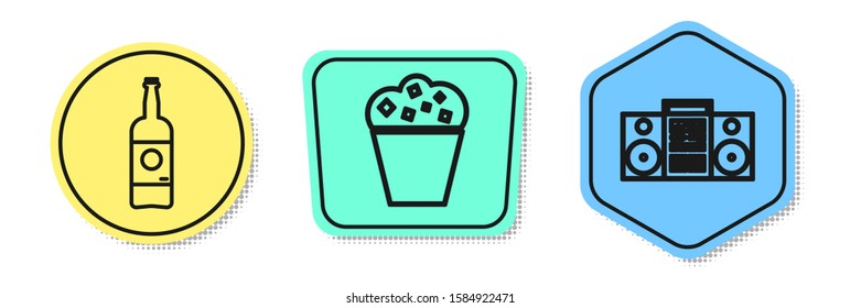 Set line Beer bottle , Popcorn in cardboard box  and Home stereo with two speakers . Colored shapes. Vector