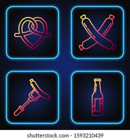 Set line Beer bottle, Sausage on the fork, Pretzel and Crossed sausage. Gradient color icons. Vector