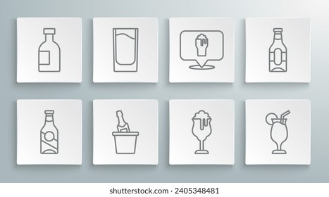 Set line Beer bottle, Shot glass, Champagne in an ice bucket, Glass of beer, Cocktail, Alcohol or bar location,  and vodka icon. Vector